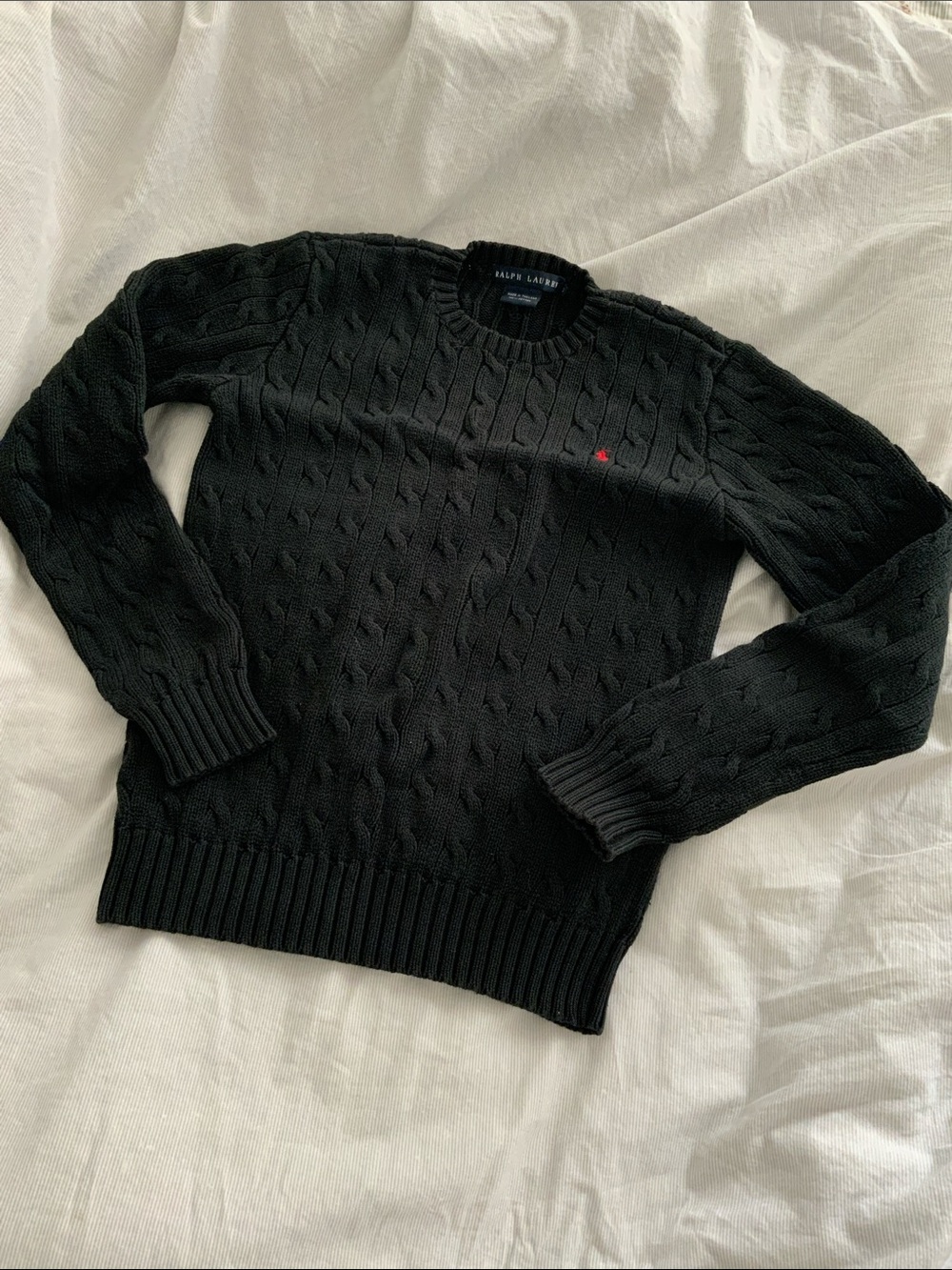 Ralph Lauren black Cable Knit Cotton Crewneck Sweater with red logo SMALL - Picture 2 of 6